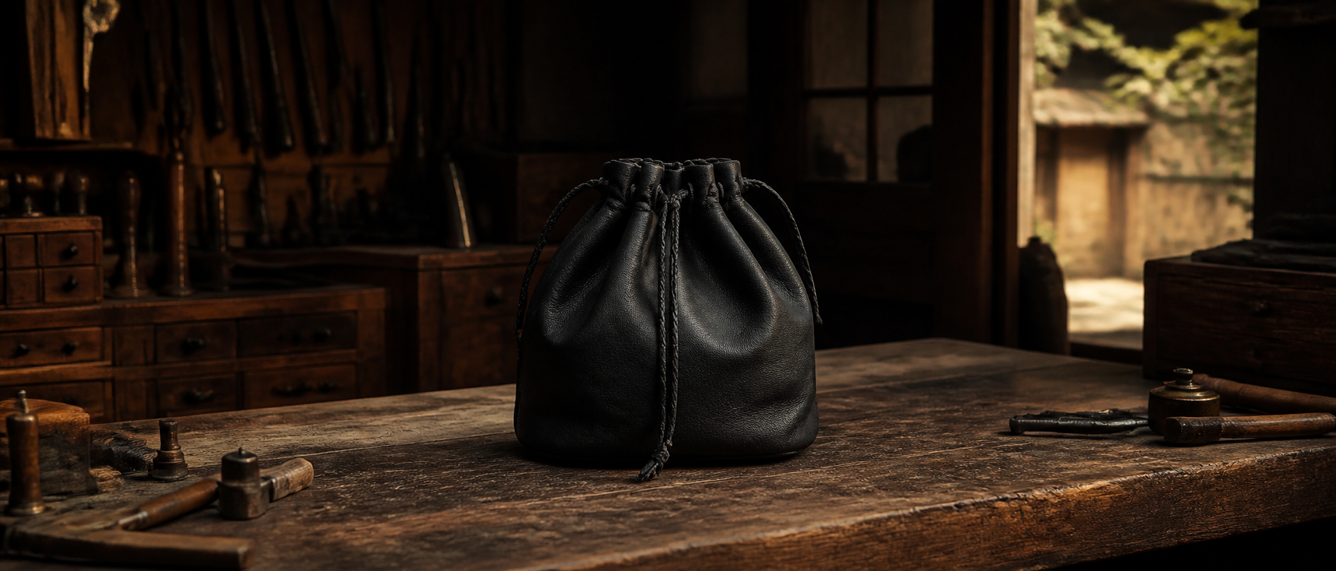 Illustrative black leather drawstring bag in a Kyoto workshop